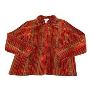 COLDWATER CREEK Red Velvet Striped Embroidered Beaded Jacket S